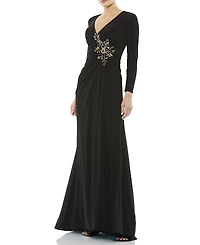 Mac Duggal Faux Wrap Long Sleeve Gown w/ Applique Detail
