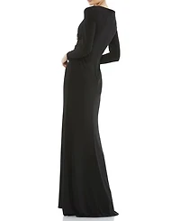 Faux Wrap Long Sleeve Gown w/ Applique Detail