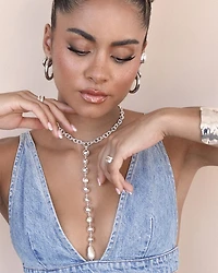 Deep Drop Cultured Freshwater Pearl Lariat Necklace in Silver Plated, 15"-20"