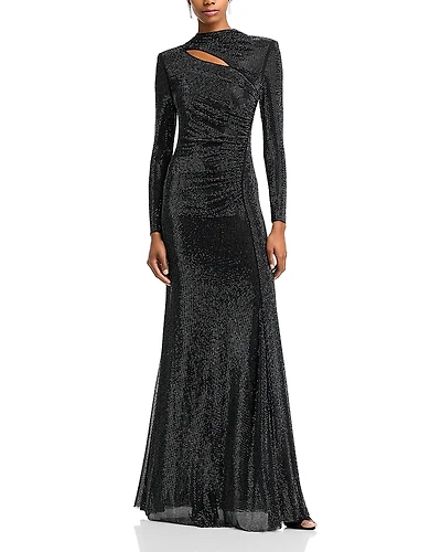 Self-Portrait Black Rhinestone Mesh Cut Out Gown