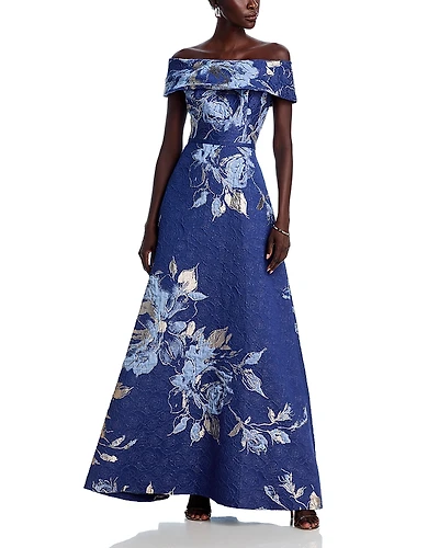 Teri Jon by Rickie Freeman Off-the-Shoulder Metallic Floral Jacquard Gown