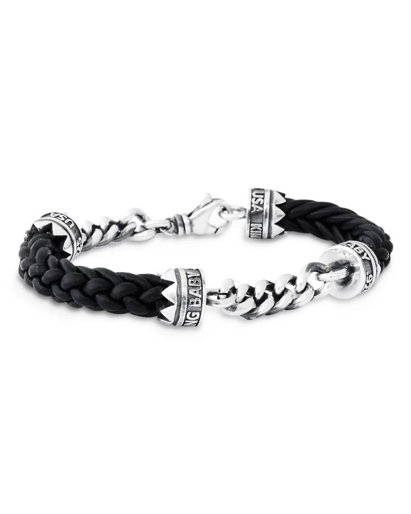 Men's Sterling Silver Men's Double Chain & Leather Bracelet