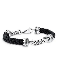 Men's Sterling Silver Men's Double Chain & Leather Bracelet