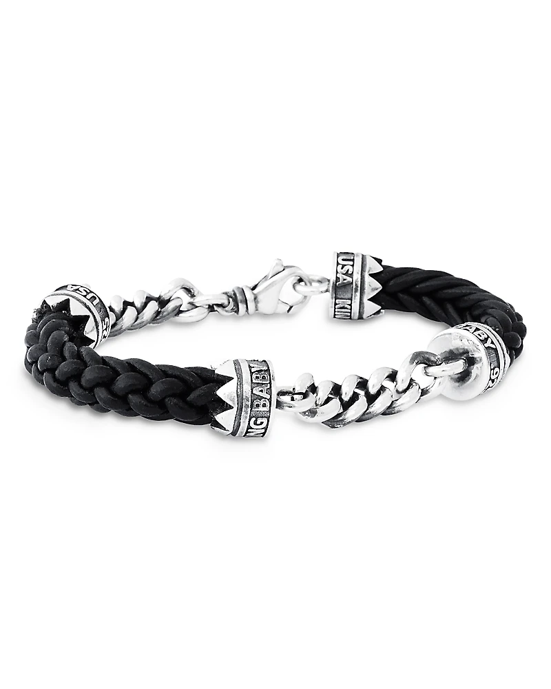 King Baby Studio Men's Sterling Silver Men's Double Chain & Leather Bracelet