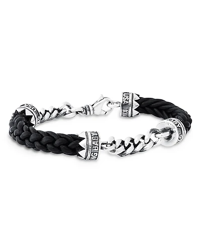 King Baby Studio Men's Sterling Silver Men's Double Chain & Leather Bracelet
