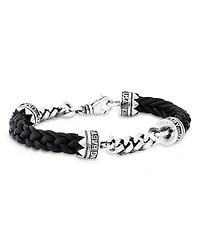 King Baby Studio Men's Sterling Silver Men's Double Chain & Leather Bracelet