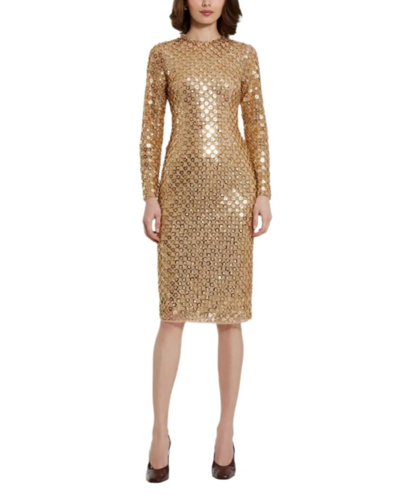 Beaded Georgette Long Sleeve Fitted Midi Dress