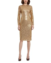 Mac Duggal Beaded Georgette Long Sleeve Fitted Midi Dress