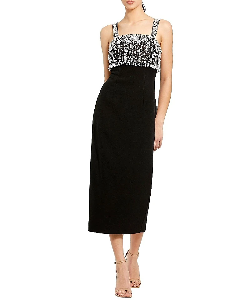 Mac Duggal Wide Strap Embellished Top Midi Dress