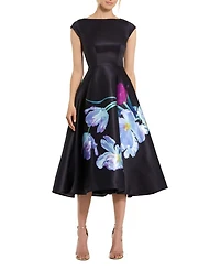 Satin Cap Sleeve Midi Dress With Floral Print