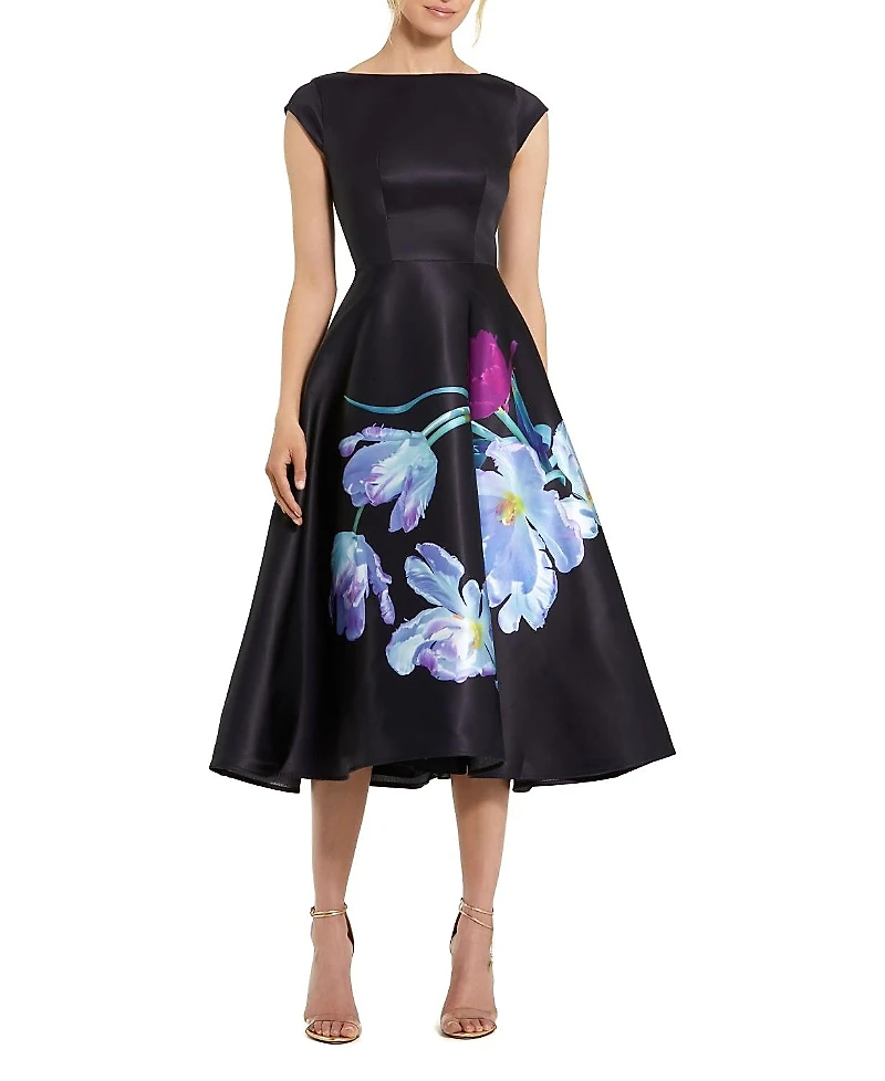 Mac Duggal Satin Cap Sleeve Midi Dress With Floral Print