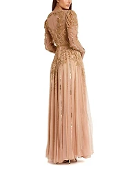 Beaded Illusion Puff Sleeve Gown