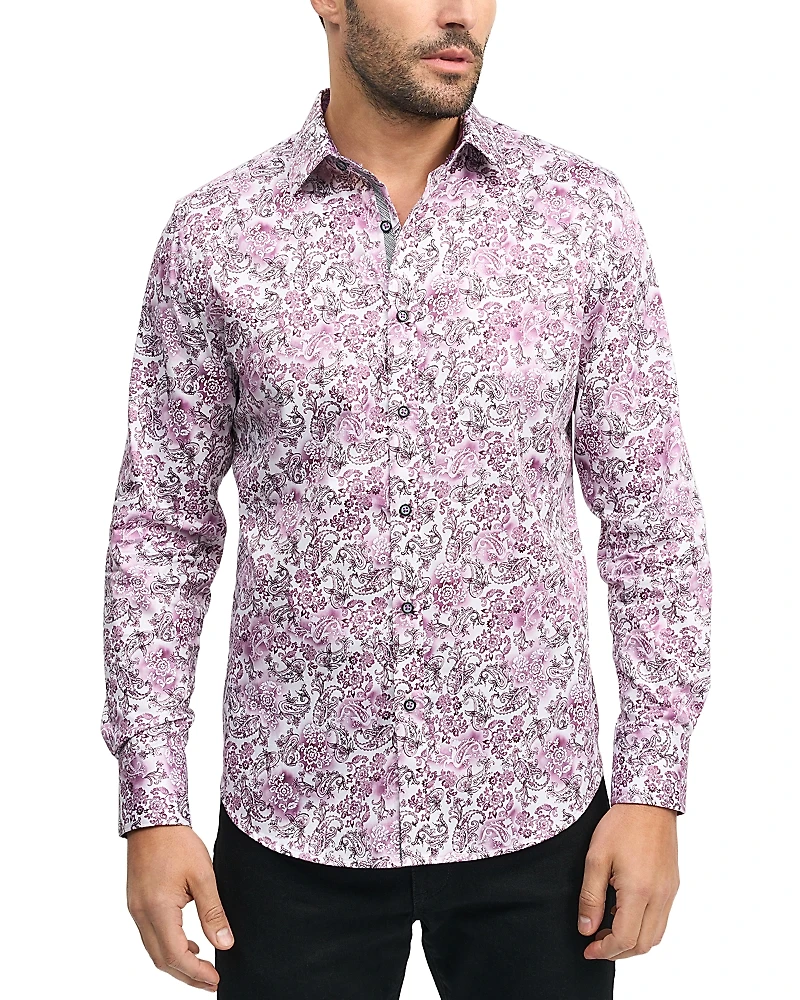 Robert Graham Downing Cotton Stretch Satin Printed Classic Fit Button Down Shirt
