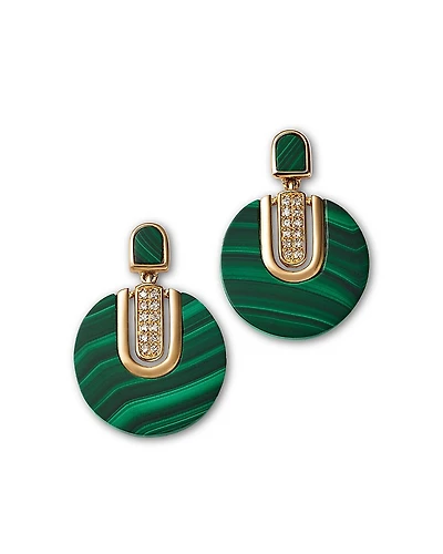 Bloomingdale's Fine Collection 14K Yellow Gold Malachite Art Deco Drop Earrings with Diamonds, 0.08 tcw