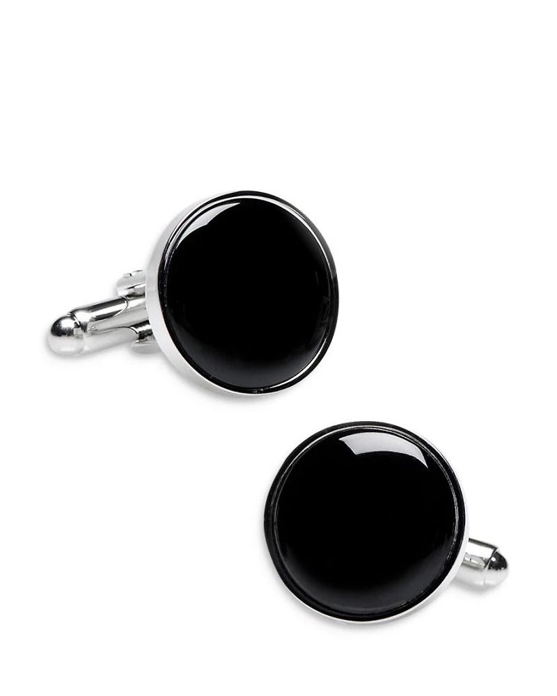 Onyx Inlay Silver Plated Round Stud & Cufflink Set