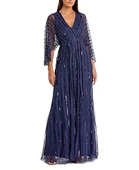 Mac Duggal Beaded Striping Kimono Sleeve V Neck Gown