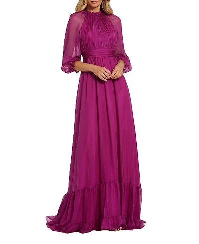 Mac Duggal Chiffon Ruched Illusion Raglan Sleeve Ruffled Gown