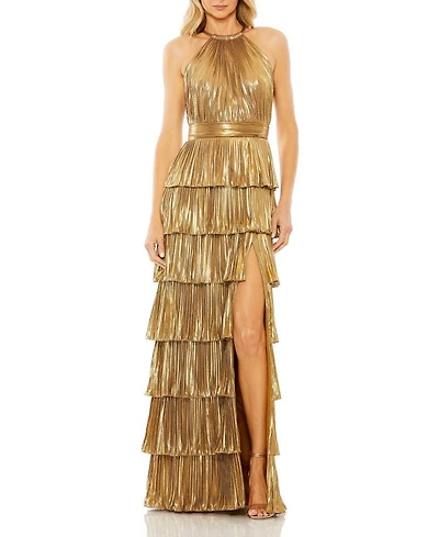 High Neck Heat Pleated Tiered Ruffle Metallic Gown