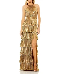 Mac Duggal High Neck Heat Pleated Tiered Ruffle Metallic Gown