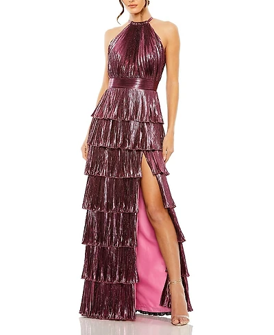 Mac Duggal High Neck Heat Pleated Tiered Ruffle Metallic Gown