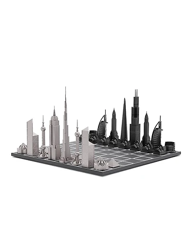 Skyline Chess Chess Set Stainless Steel World Icons with Wooden Grid Board - Age 14+ Years