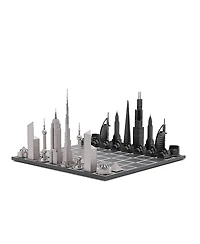 Skyline Chess Chess Set Stainless Steel World Icons with Wooden Grid Board - Age 14+ Years