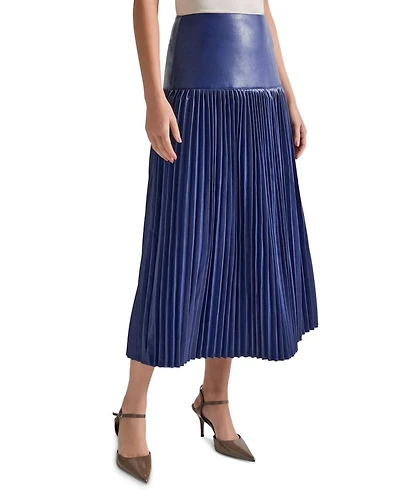 Faux Leather Drop Waist Pleated Midi Skirt