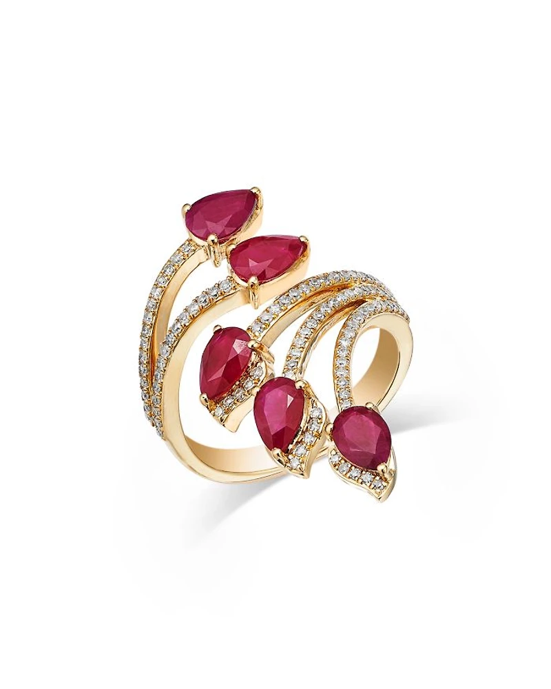 14K Yellow Gold Ruby Double Row Bypass Ring