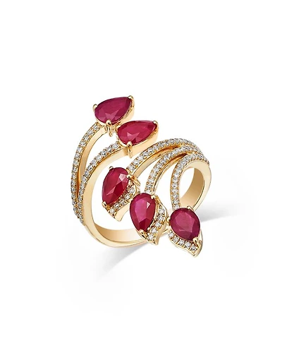 14K Yellow Gold Ruby Double Row Bypass Ring