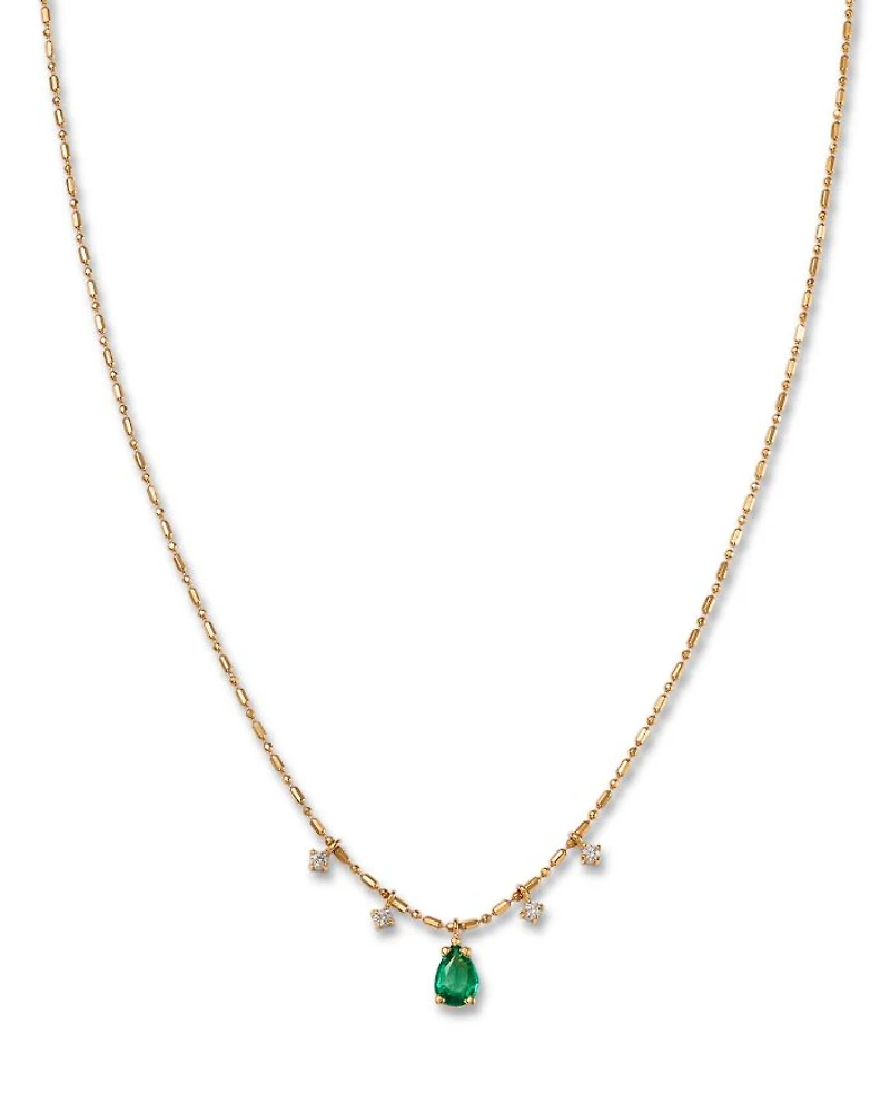 14K Yellow Gold Dangling Emerald & Diamond Necklace, 16"