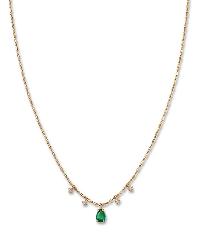 14K Yellow Gold Dangling Emerald & Diamond Necklace, 16"