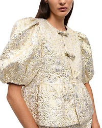 Ganni Metallic Cloque Peplum Tie String Blouse