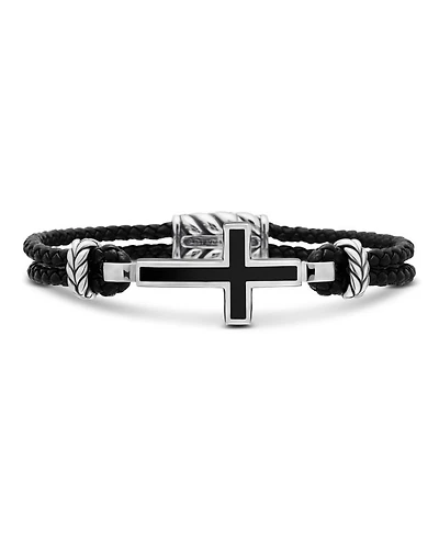 Men's Exotic Stone Cross Bracelet Black Leather with Sterling Silver and Onyx, 3mm
