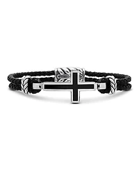Men's Exotic Stone Cross Bracelet Black Leather with Sterling Silver and Onyx, 3mm