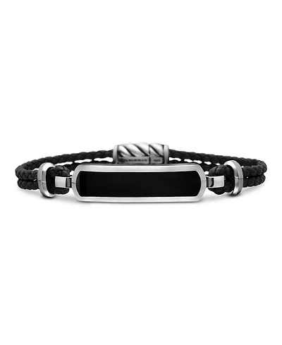 Men's Exotic Stone Station Black Leather Bracelet with Onyx
