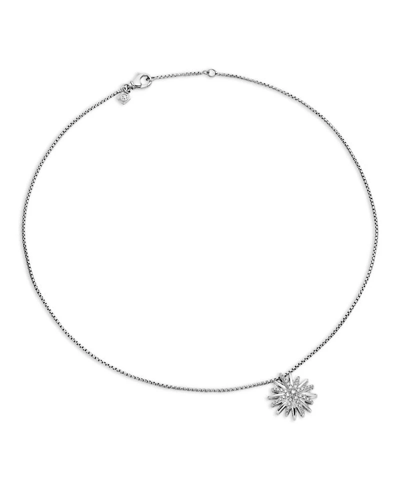 Starburst Pendant Necklace in Sterling Silver with Pavé Diamonds, 17-18"