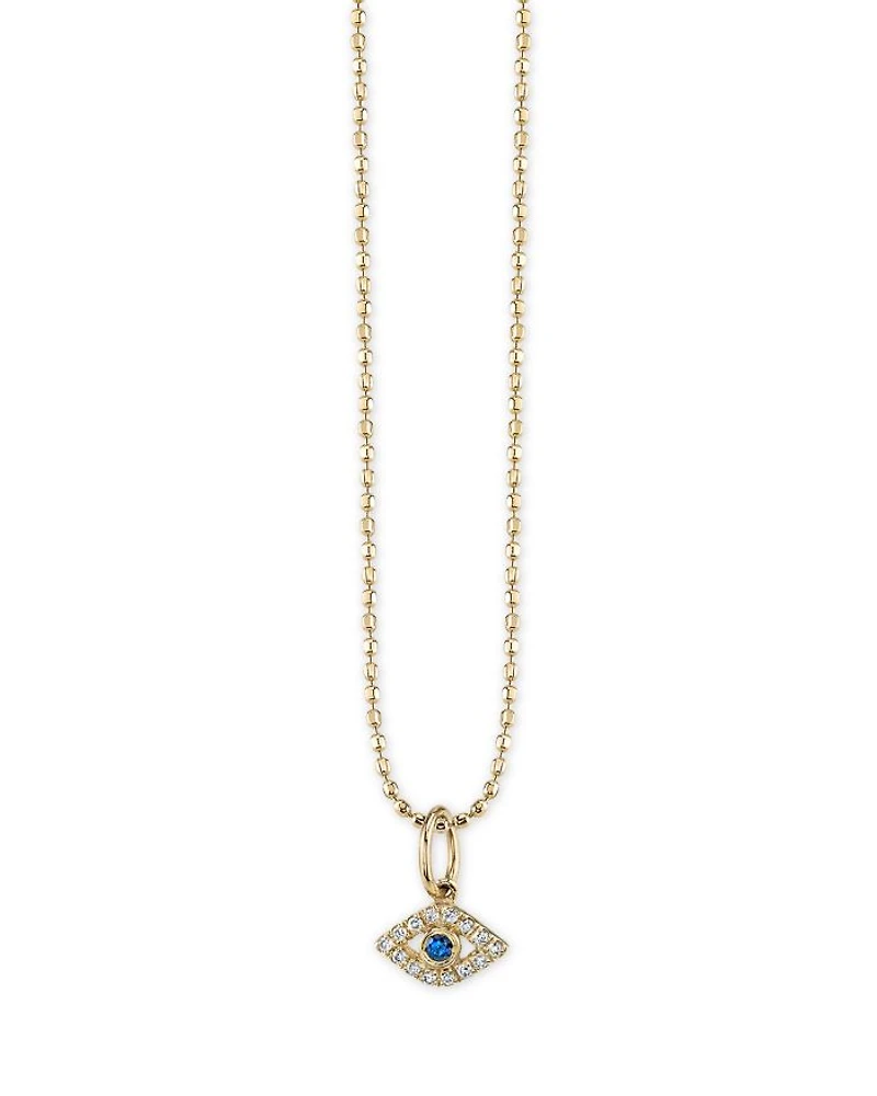 14K Yellow Gold Diamond & Sapphire Tiny Bezel Evil Eye Charm Necklace, 18"