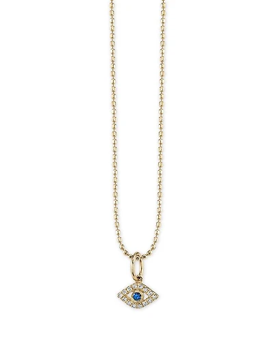 14K Yellow Gold Diamond & Sapphire Tiny Bezel Evil Eye Charm Necklace, 18"