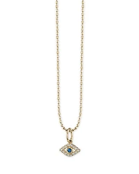 14K Yellow Gold Diamond & Sapphire Tiny Bezel Evil Eye Charm Necklace, 18"