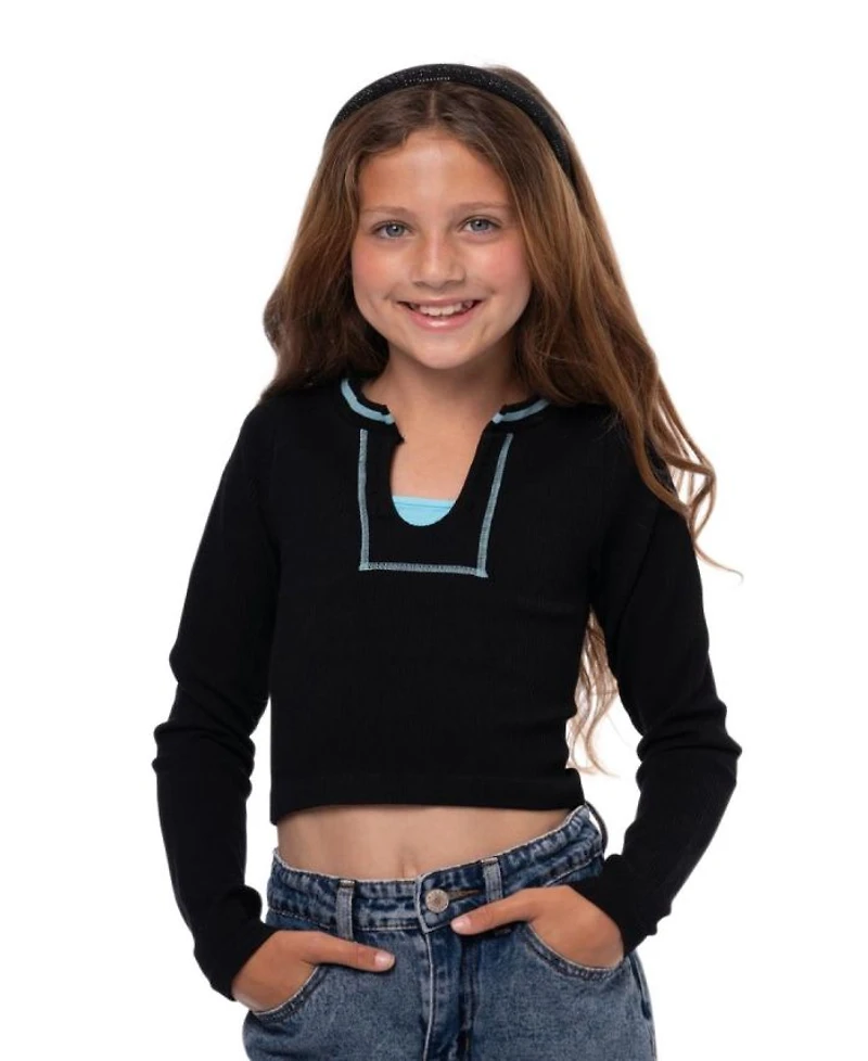 Girls' Long sleeve Ribbed Seamless Top with Contrast Stitching - Big Kid
