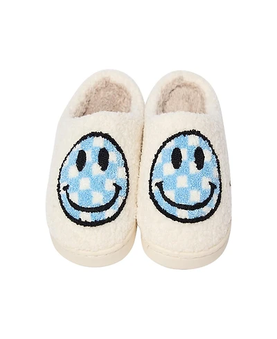 Malibu Sugar Girls' Plush Checkered Happy Face Slippers - Little Kid