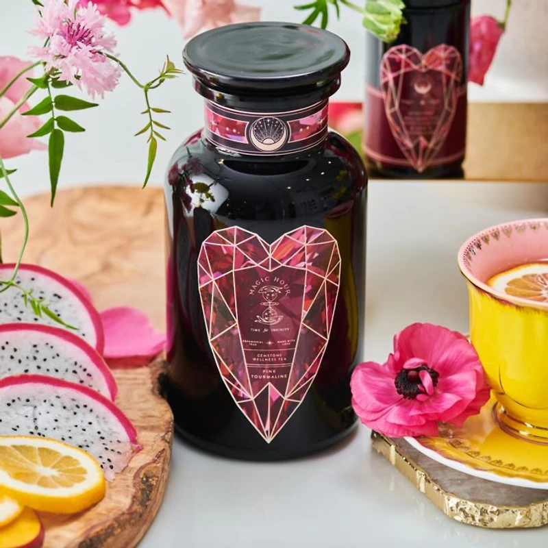 Pink Tourmaline Organic Dragon Fruit Hibiscus White Tea for Women's Health in Violet Glass Apothecary Jar, 6 oz.