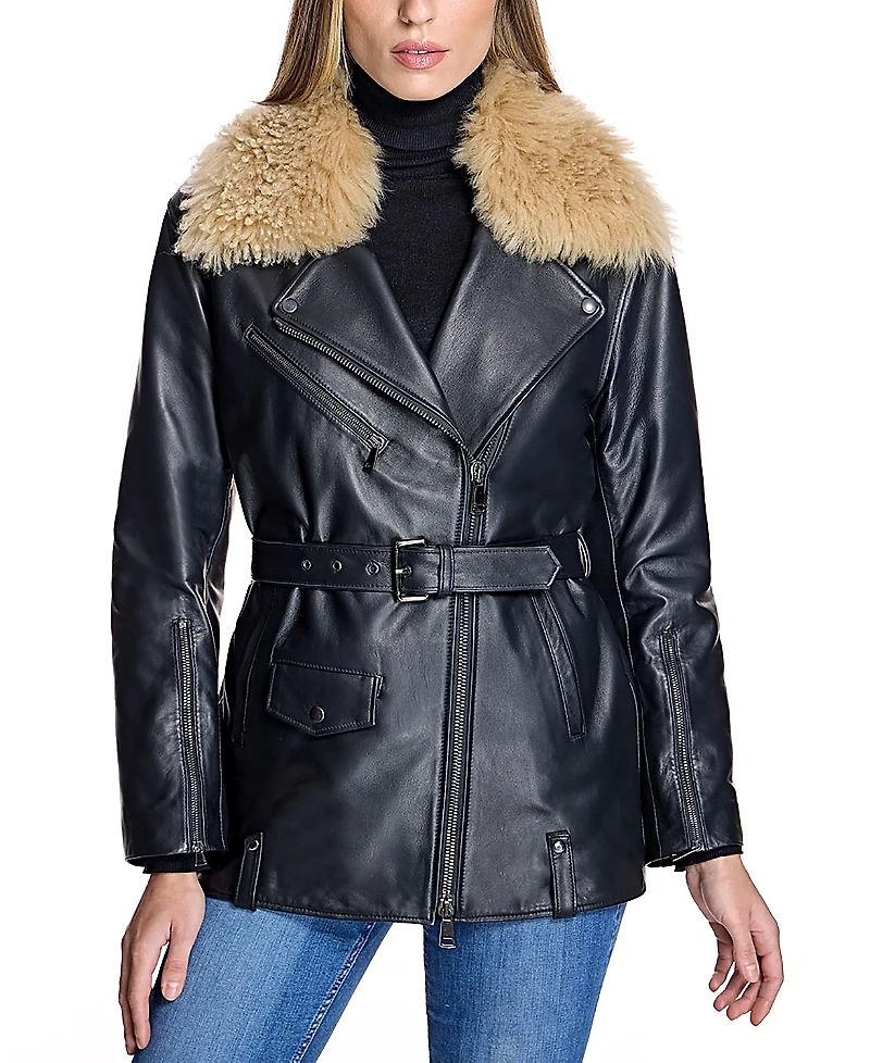 Maximilian Leather Moto Jacket with Detachable Shearling Collar