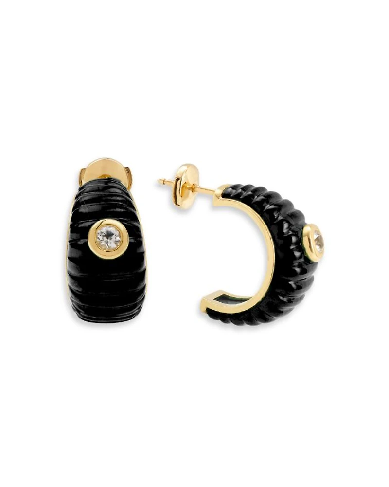 9K Yellow Gold Paire de Creoles Berlingot Onyx & White Topaz Hoop Earrings