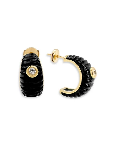 9K Yellow Gold Paire de Creoles Berlingot Onyx & White Topaz Hoop Earrings