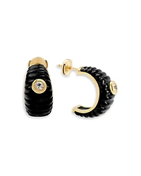 9K Yellow Gold Paire de Creoles Berlingot Onyx & White Topaz Hoop Earrings