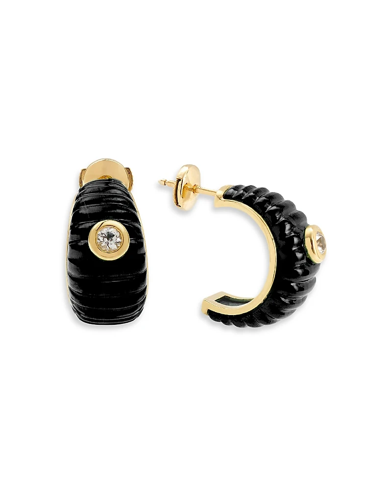 Yvonne Leon 9K Yellow Gold Paire de Creoles Berlingot Onyx & White Topaz Hoop Earrings