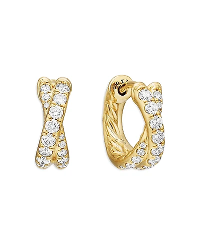 David Yurman 18K Yellow Gold Diamond Pave Crossover Huggie Hoop Earrings