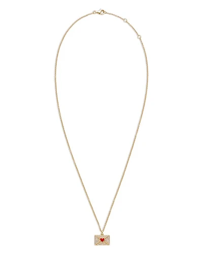 18K Yellow Gold Necklace Ma Declaration Gray Diamond & Red Heart Envelope Pendant Necklace, 16.53"