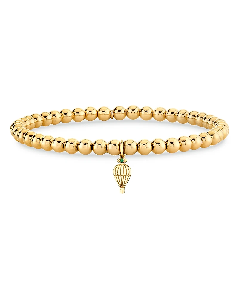 Sydney Evan Wicked x Sydney Evan 14K Yellow Gold Pure Emerald Hot Air Balloon Charm Beaded Stretch Bracelet